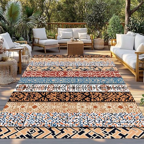 Outdoor Rug 5x8ft, Boho Stripes Ethnic Style Indoor Area Rug for Patio Backyard Deck Large Floor Mat, Retro Abstract Totem Non-Slip Outside Carpet Balcony Porch Camping Rugs Picnic Mat - size: 5' x 8' (Rectangular)