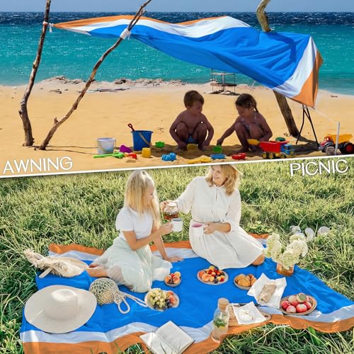 BYDOLL Beach Blanket 78''×81'' 4-7 Adults Oversized Lightweight Waterproof Sandproof Beach Blanket Large Picnic Mat for Travel Camping Hiking Picnic - color: Blue Orange, size: 78"X81"