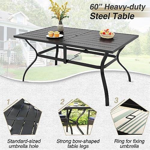 PHI VILLA 7 Piece Patio Dining Set with Umbrella, 60” Rectangular Metal Dining Table & 6 Cushioned Rattan Wicker Chairs & 13ft Large Beige Umbrella for Outdoor, Deck, Yard, Porch - color: Beige, size: 7 PCS 60" Steel Table