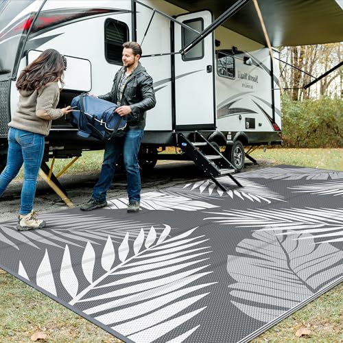 GENIMO Outdoor Rug 10' x 20' Waterproof for Patios Clearance, Reversible Outdoor Plastic Straw Camping Rug Carpet, Large Area Rugs Mats for RV, Camper, Deck, Balcony, Porch, Beach, Picnic, Grey&White - color: Grey & White | Waterproof, size: 10' x 20' (Re