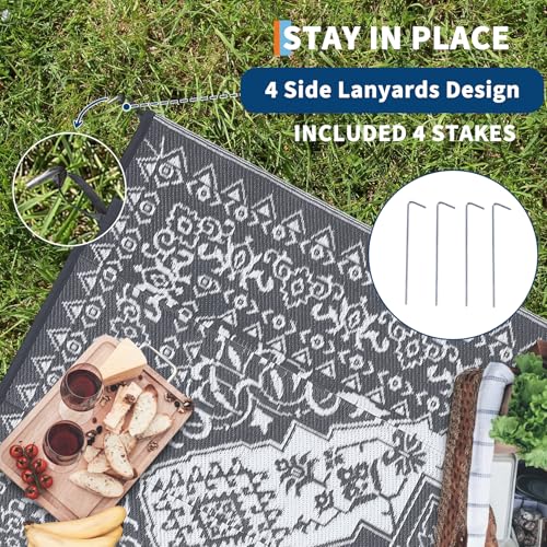 GarveeLife Outdoor Rug for Patio 9x18 Waterproof Reversible Plastic Straw Mat, Large Grey and White Vintage Medallion Area Rug for Deck, Balcony, Camping, Beach, Picnic, Indoor/Outdoor Use - color: Medallion|grey&white, size: 9' x 18' (Rectangular)