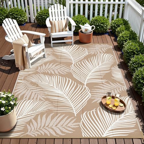 Pauwer Waterproof Outdoor Rug 6x9, Reversible Plastic Straw Patio Camping Rug, Indoor Outdoor RV Mat Carpet for Deck, Camper, Porch, Balcony, Backyard, Picnic, Leaf Brown - color: Leaf Brown, size: 6' x 9' (Rectangular)