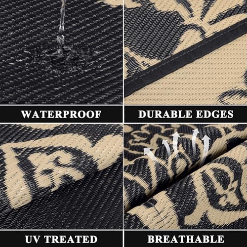 Pauwer Waterproof Outdoor Rug 6x9, Reversible Plastic Straw Patio Camping Rug, Indoor Outdoor RV Mat Carpet for Deck, Camper, Porch, Balcony, Backyard, Picnic, Boho Black Brown - color: Boho Black Brown, size: 6' x 9' (Rectangular)