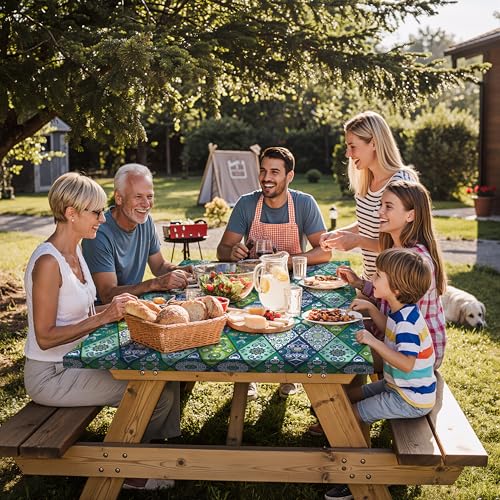 Fitted Waterproof Picnic Table Cover with Bench Covers Elastic 96×30In 3 Piece Camping Table Cloth for 8Ft Rectangle Tables Outdoor Camper Gifts Supplies Patio Rv Traveling Hiking Must Haves - color: Green Bohemian, size: 96" x 30" (Rectangular)