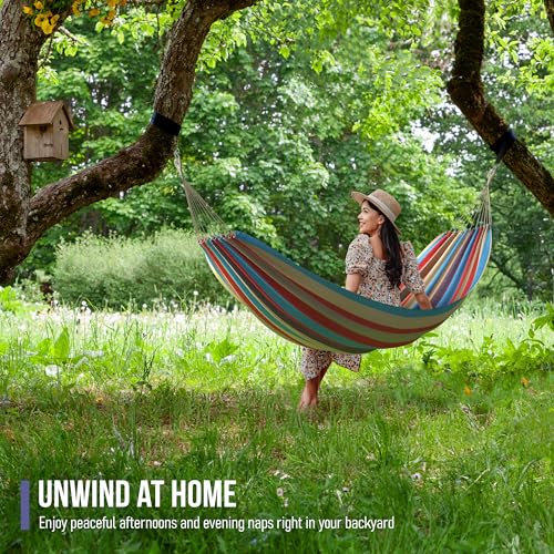 Sorbus® Brazilian Double Hammock - Extra-Long Two Person Portable Hammock Bed for Indoor or Outdoor Spaces - Hanging Rope, Carrying Pouch Included (Blue/Sand/Purple/Red Stripes) - color: Blue/Sand/Purple/Red Stripes