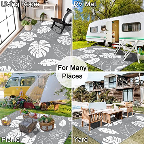 HEBE Outdoor Rug for Patios 5'x8' Clearance Waterproof Patio Mat Reversible RV Camping Rug Carpet Plastic Straw Rug Outside Floral Area Rug Doormat for Patios,Porch,RV,Balcony,Beach - color: Leaf / Grey, size: 5' x 8' (Rectangular)