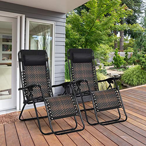 COSTWAY 2PCS Zero Gravity Lounge Chairs, Patio Rattan Recliner with Pillow, Lockable, Foldable & Lightweight, Suitable for Outdoor Use (Mix Brown) - color: Mix Brown