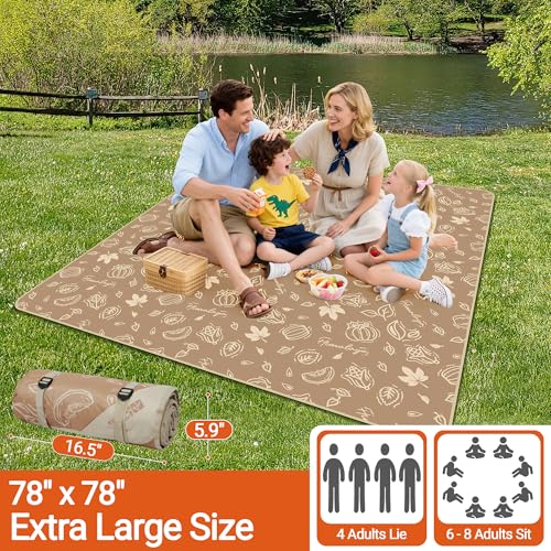 Extra Large Picnic Blankets 78" X 78" Foldable Washable Waterproof Sandproof Soft Cute Outdoor Blanket for Camping Beach Blanket (Pumpkin)