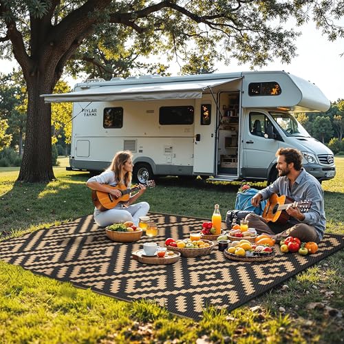 sarben Outdoor Rug for Patio - Waterproof Plastic Straw Camping Rugs 5x8 ft, Reversible Outdoor Indoor RV Mat Carpet for Patio, Porch, Deck, Balcony, Picnic, Beach, Black Brown - color: Black&brown, size: 5' x 8' (Rectangular)