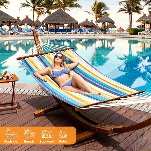Lazy Daze Hammocks Cotton Fabric Spreader Bar Hammock and 10.5 Ft Wood Arc Hammock Stand Combo, for Outdoor, Indoor, Patio, Backyard, Blue and Yellow - color: Blue and Yellow