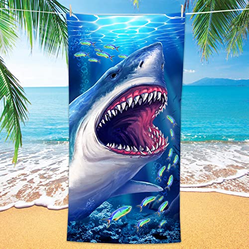 Bonsai Tree Shark Beach Towel, Cool Ocean Fishes Microfiber Bath Towel, Blue Sea Sand Free Quick Dry Travel Towels for Mens Women Adults, 30" X 60" - color: Shark, size: 30"x60"