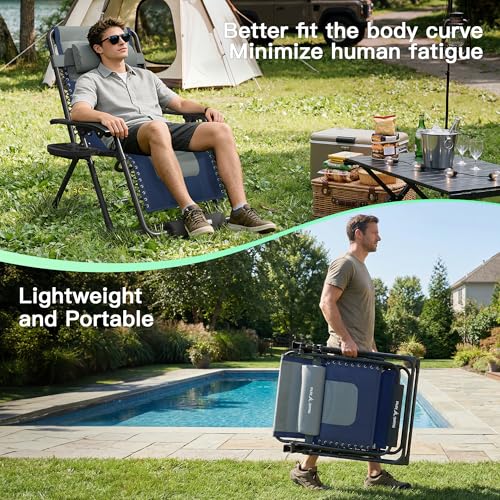 Amopatio Zero Gravity Reclining Patio Chair XL Foldable Lounge Chair with Removable Cup Holder/Headrest/Footrest 500LBS Capacity Portable for Outdoor Patio Pool Backyard,Blue-Gray - color: Blue-gray, style: 29in-1pc