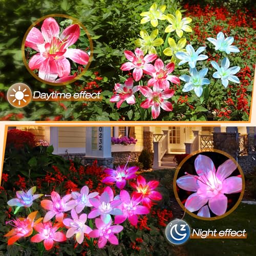 Aukora Solar Garden Lights Outdoor 10 Pack, 5 Colors Lily Flowers & 7-Color Changing Led Lights for Outside, Solar Outdoor Light Waterproof for Pathway Patio Yard Decor, Red Yellow Blue White Purple - size: 10 pack