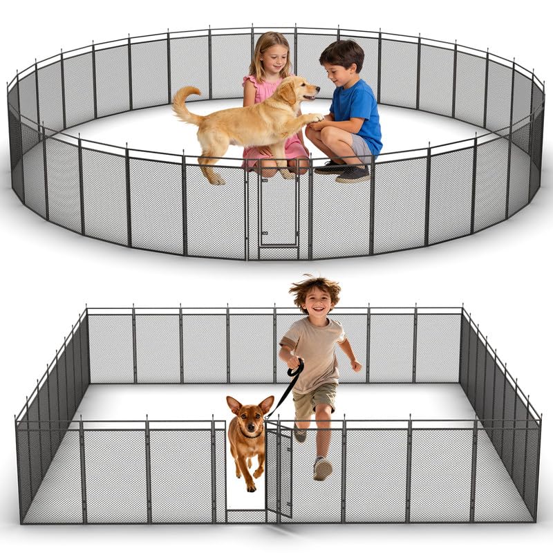 Dog Playpen with Safety Mesh, 40" Height 32 Panels Metal Dog Fence Indoor Outdoor, Portable Dog Kennel for Camping, Yard & RV | Black-Silver - size: 40'', style: 32 Panels
