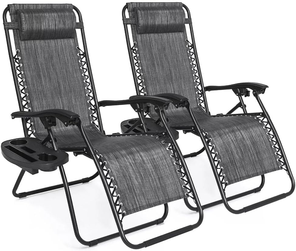 (2-Pack) Zero Gravity Lounge Chair Adjustable Outdoor Reclining Chair Folding Patio Anti-Gravity Indoor Outdoor Lounge Chair w/Pillow, Cup Holder (Two Chairs - Gray) - color: Two Chairs - Gray