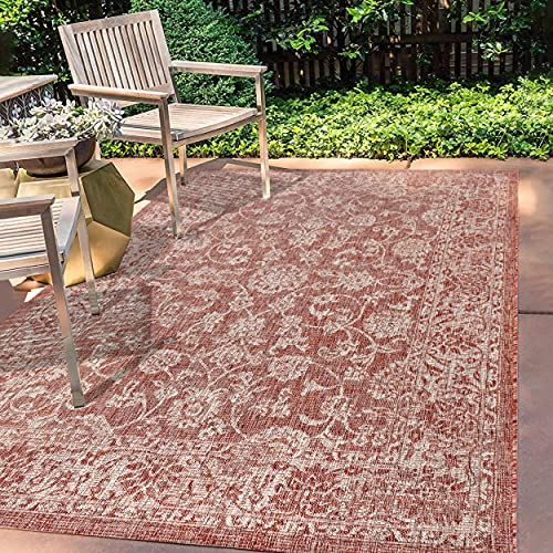 JONATHAN Y Weave Floral Indoor Outdoor Area Rug 6X9 Red/Taupe, Tela Bohemian Textured for Backyard, Patio, Porch, Easy-Cleaning, High Traffic, Pet-Friendly, Non-Shedding (SMB100A-6) - color: Red/Taupe, size: 6' x 9' (Rectangular)