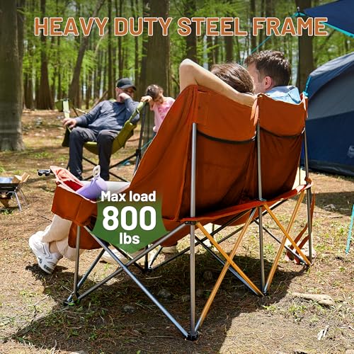 Timber Ridge Double Camping Chair, Heavy Duty Outdoor Folding Camp Couch, Loveseat Camping Chairs Perfect for Campsites, Patio/Lawn, Soccer Games or Other Youth Sports, Supports 600 lbs - color: Loveseat Orange