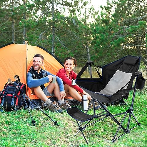 HAPPYGRILL 2 Pack Hammock Camping Chair with Footrest, Outdoor Folding Swinging Chair with Cozy Head Pillow, Cup Holder, Carrying Bag, Portable Lightweight Rocking Chair for Adult Lawn Fishing Picnic - color: Black 2 Pack
