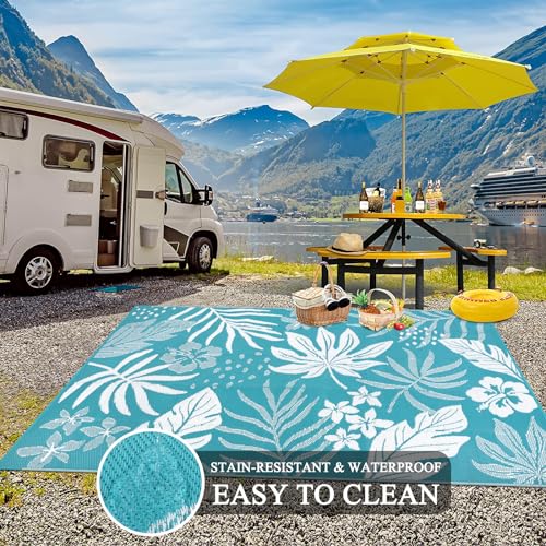Pauwer Waterproof Outdoor Rug 6x9, Reversible Plastic Straw Patio Camping Rug, Indoor Outdoor RV Mat Carpet for Deck, Camper, Porch, Balcony, Backyard, Picnic, Floral Teal - color: Floral Teal, size: 6' x 9' (Rectangular)