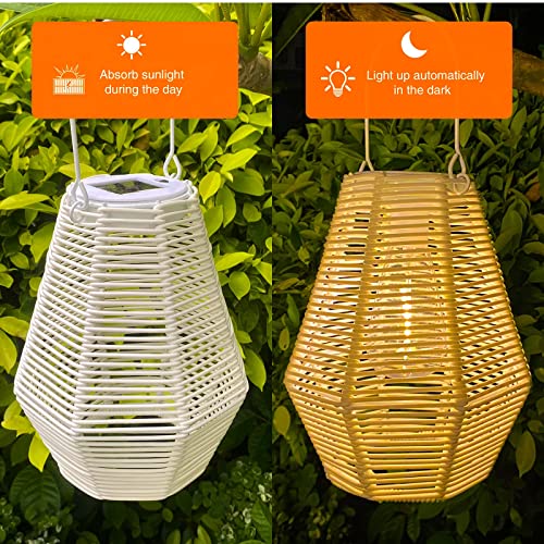 Outdoor Solar Lantern Hanging Decorative Rattan Lanterns with Handle White Large Solar Table Lamp Waterproof for Patio Garden Wedding Home Decor - size: Rattan 1