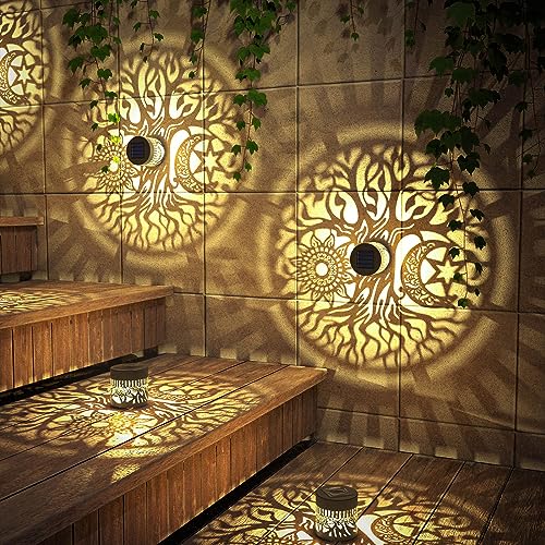 gardencave 4 Pack Solar Fence Lights Metal Solar Powered Outdoor Wall Deck Step Lights Tree Theme Waterproof Fence Light for Garden Post Patio Backyard Yard Decor (Tree, 4 Pack) - color: Tree, size: 4 Pack