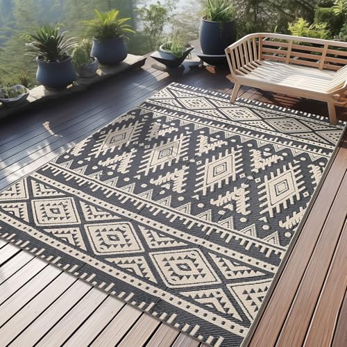 OLANLY Outdoor Rug Waterproof 4x6 ft, Reversible Outdoor Plastic Straw Rug, Boho Patio Rug, Indoor Outdoor Carpet, RV Mat Outside for Patio, Camp, Picnic, Balcony, Deck, Backyard, Black & Beige - color: Black & Beige, size: 4' X 6' (Rectangular)
