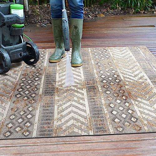 Rugshop Distressed Geometric Indoor/Outdoor Beige Runner Rug Modern Tribal Stripe, Durable Stain Resistant Low Profile Perfect for Patio, Backyard, Deck and Outdoor Lounge 2' x 7' - size: 2' x 7' (Rectangular)