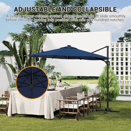 10ft Cantilever Patio Umbrella with Base - 360° Rotation & Adjustable Tilt - Heavy-Duty Waterproof Canopy - Rust-Resistant Aluminum Frame - Windproof Offset Sun Shade for Garden, Deck, Pool, or Backyard - Grey or Beige - color: Navy Blue