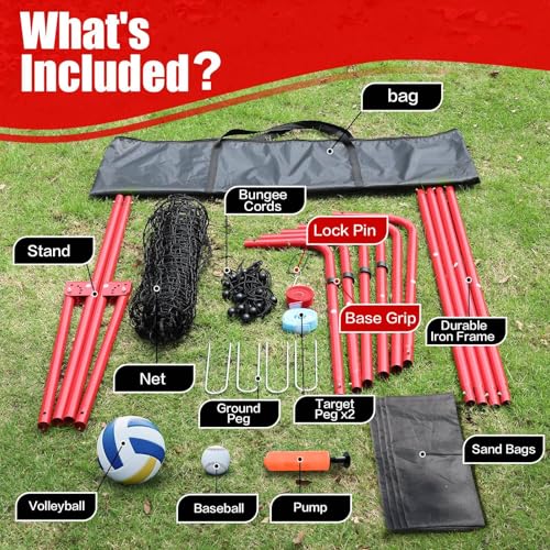Volleyball Rebounder Net 7x4 Ft, 5-Angle Adjustable Rebounder Net for Practicing Digging, Setting, Spiking, Bounce Back Training Equipment with 2 Target Stripes & Portable Travel Bag for Storage - color: FBM-NET101-2-Red