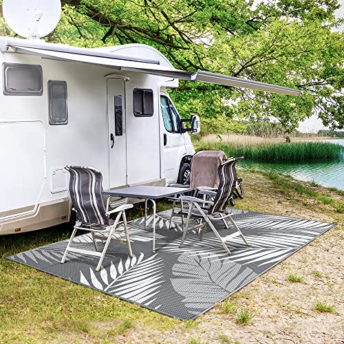 GENIMO Outdoor Rug 9' x 12' Waterproof for Patios Clearance, Reversible Plastic Straw Camping Carpet, Large Area Rugs Mats RV, Picnic, Backyard, Deck, Balcony, Porch, Beach, Grey&White - color: Grey & White | Waterproof, size: 9' x 12' (Rectangular)