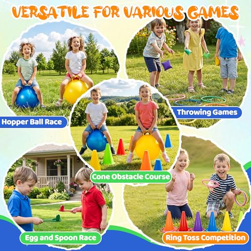 JOY SPOT! Carnival Outdoor Games Combo Set for Kids, 18 Inch Hopper Balls with Handles, Ring Toss, Bean Bags, Egg Spoon Relay Race, Fun for Backyard, Field Day, School, Birthday Parties, Family Events - style: Deluxe