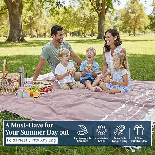 LANE LINEN Picnic Mat for Beach Vacation Essentials - Large Outdoor Blanket,Quick Dry and Pre-Washed, Soft Comfort, Perfect for Family Vacations, Park Relaxation, Sand Lounge – Wistful Mauve - color: 33: Wistful Mauve, size: Beach Blanket (80" x 80")