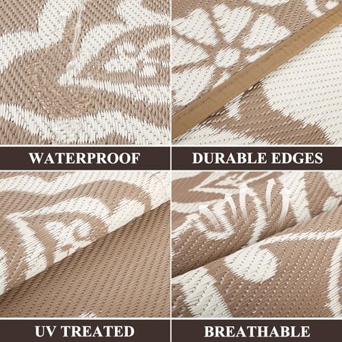 Pauwer Waterproof Outdoor Rug 6x9, Reversible Plastic Straw Patio Camping Rug, Indoor Outdoor RV Mat Carpet for Deck, Camper, Porch, Balcony, Backyard, Picnic, Boho Brown - color: Boho Brown, size: 6' x 9' (Rectangular)