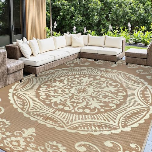 Capslpad Outdoor Rug 9x12 Patio Waterproof Boho Floral Plastic Straw Rug Large Foldable Vintage Outside Carpet with Carry Bag for RV Backyard Balcony Bench Picnic Porch, Beige - color: Light Beige, size: 9' x 12' (Rectangular)