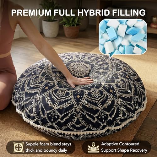 Codi Meditation Cushion for Adults Set of 2-32" Large Floor Pillow with Supportive Shredded Memory Foam - Round Zabuton with Washable Cover, Bohemian Mandala Seating for Yoga and Mindfulness, Black - color: Black, size: 2 Count (Pack of 1)
