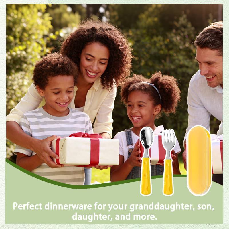Practical Spoon and Fork Utensils Set for Son Daughter Stainless Steel Silverware Set with Forks and Spoons Safe Flatware Cutlery Set with Cute Pattern Reusable Cutlery Kit with Easy-Grip Handles - color: Yellow