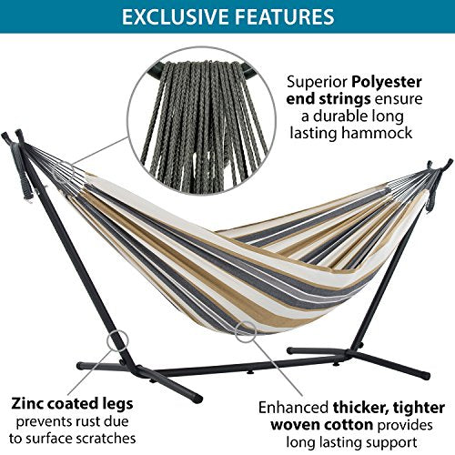 Vivere Double Cotton Hammock with Space Saving Steel Stand, Upgraded Polyester End Strings 450 lb Capacity - Premium Carry Bag Included (Desert Moon) - color: Desert Moon