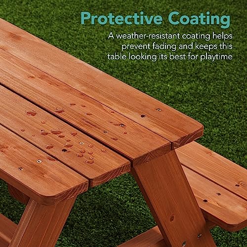 Best Choice Products Wooden Kids Picnic Table with Umbrella, Outdoor Activity Table Set with Built-in Benches, 220 lb Capacity per Bench - Golden Brown/Navy - color: Golden Brown/Navy