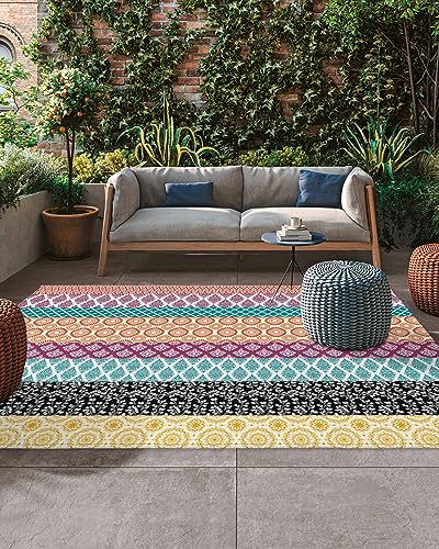Large Outdoor Rug 4'x6' for Patio Indoor Outdoor Area Rug Art Boho Style Geometric Texture Purple Orange Rugs Outside Patio Rugs Camping Carpet Mat for Spring Picnic