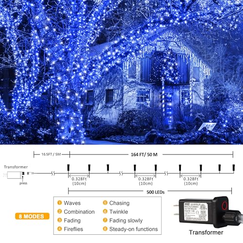 kemooie 500 LED Blue and White Christmas Lights, 164 FT 8 Twinkle Modes Plug in Waterproof Extra Long Fairy Lights for Outdoor Christmas Party Garden Decorations (Blue & White) - color: Blue&White