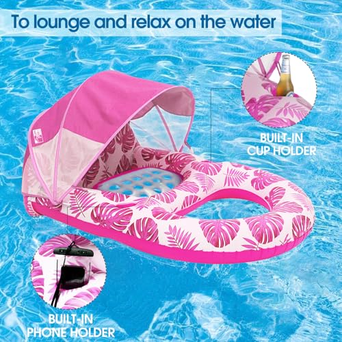 COOLCOOLDEE Pool Lounge Float with Canopy UPF50+,Extra Large Pool Floats for Adults Heavy Duty,Inflatable Lounger Float with Cup Holder & Backrest,Footrest - color: Pink