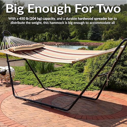 Sunnydaze Quilted Double Hammock for Outside with Spreader Bars and Pillow - 450 lb Capacity, 74x55 Inch Bed, UV Resistant, Quick Dry - Chains Included, Stand Sold Separately - Sandy Beach - color: Sandy Beach