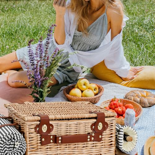 Picnic Basket with Blanket and Wine Pouch for 4, Wicker Picnic Set with Insulated Liner Cooler Bag Hamper for Camping,Wedding - Stripes - color: Stripes With Blanket for 4