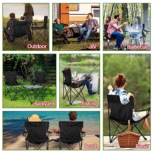 HaSteeL Folding Camping Chair Set of 3, Foldable Black Camp Chairs & Grey Table, Large Lawn Chair Portable for Adults Hiking, Fishing, Picnic, Outdoor BBQ, Travel, Sports, Cup Holders & Storage Bags - color: Black Chairs
