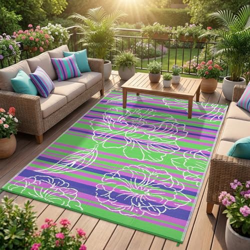 Garvee 5x8 Plastic Straw Outdoor Waterproof Rug, Floral Reversible Patio Rug, Portable Camping Mat for RV, Picnic, Beach, Balcony, Garden and Camping Lightweight&Easy to Carry, Green - color: Green, size: 5' x 8' (Rectangular)