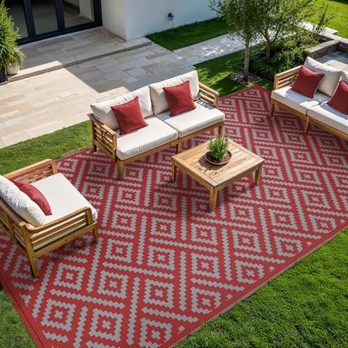GENIMO Outdoor Rug for Patio Clearance, 10'x20' Reversible Plastic Straw Rugs, Lightweight Waterproof RV Camping Mat for Camper, Balcony, Deck, Backyard, Picnic, Red Grey - color: Red & Grey, size: 10' x 20' (Rectangular)