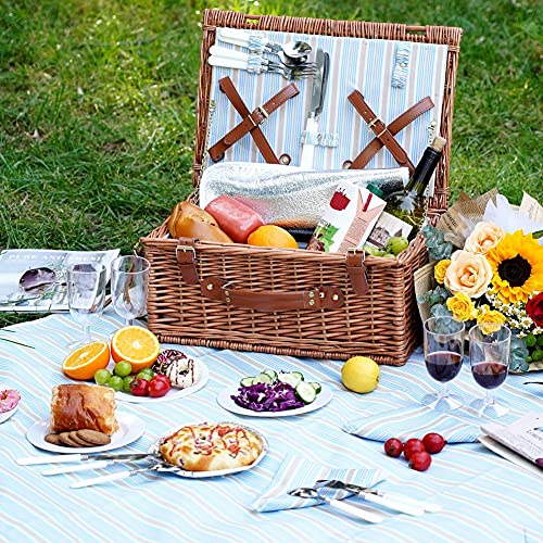 HappyPicnic Wicker Picnic Basket Set for 4 Persons | Large Willow Hamper with Large Insulated Cooler Compartment, Waterproof Blanket and Cutlery Service Kit-Classical Brown - color: Dark Honey Color for 4 Persons