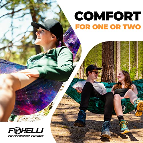 Foxelli Camping Hammock – Ultralight Hammock for Backpacking, Hiking, Festivals, Travel - Easy Setup with Tree-Friendly Ropes & Steel Carabiners, Heavy Duty Parachute Nylon - color: Universe