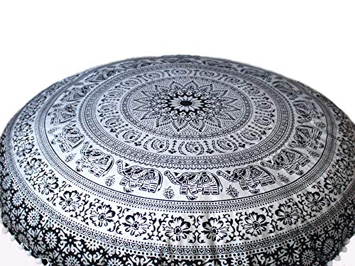 CRAFT KALA Large Hippie Floor Pillow Cover Mandala Meditation Cushion Case Pouf Cover Round Poufs Cover Bohemian Floor Cushion Cover Outdoor Fireplace Yoga Living Room Decor 32" Black Silver Elephant - color: Black Silver Elephant