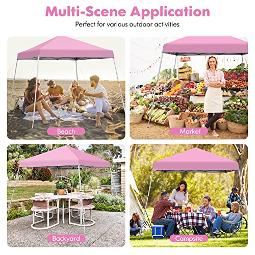 Tangkula 10x10 Ft Pop Up Canopy, Slanted Leg Outdoor Canopy Tent with Center Lock, UPF50+ Sun Protection, 4 Stakes, 8 Ropes, Carrying Bag, 1 Person Setup Instant Tent Shelter for Camp, Beach, Patio - color: Pink